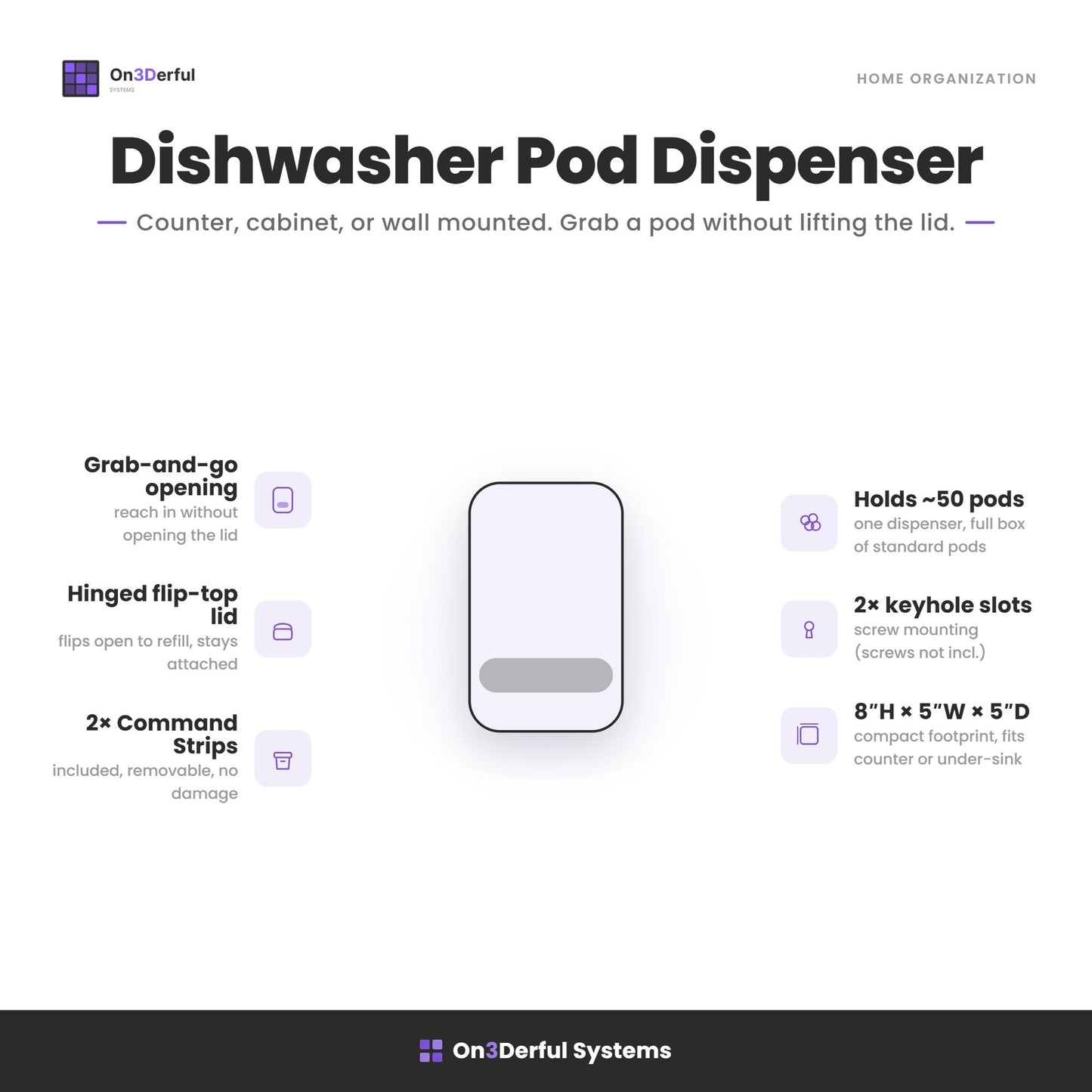 Dishwasher Pod Dispenser, Countertop Cabinet Wall Mount, Kitchen Organizer