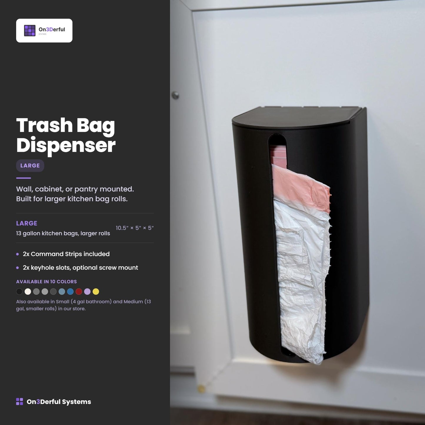 13 Gallon Kitchen Trash Bag Dispenser, Holds 50-60 Bag Rolls, Wall Mount Organizer