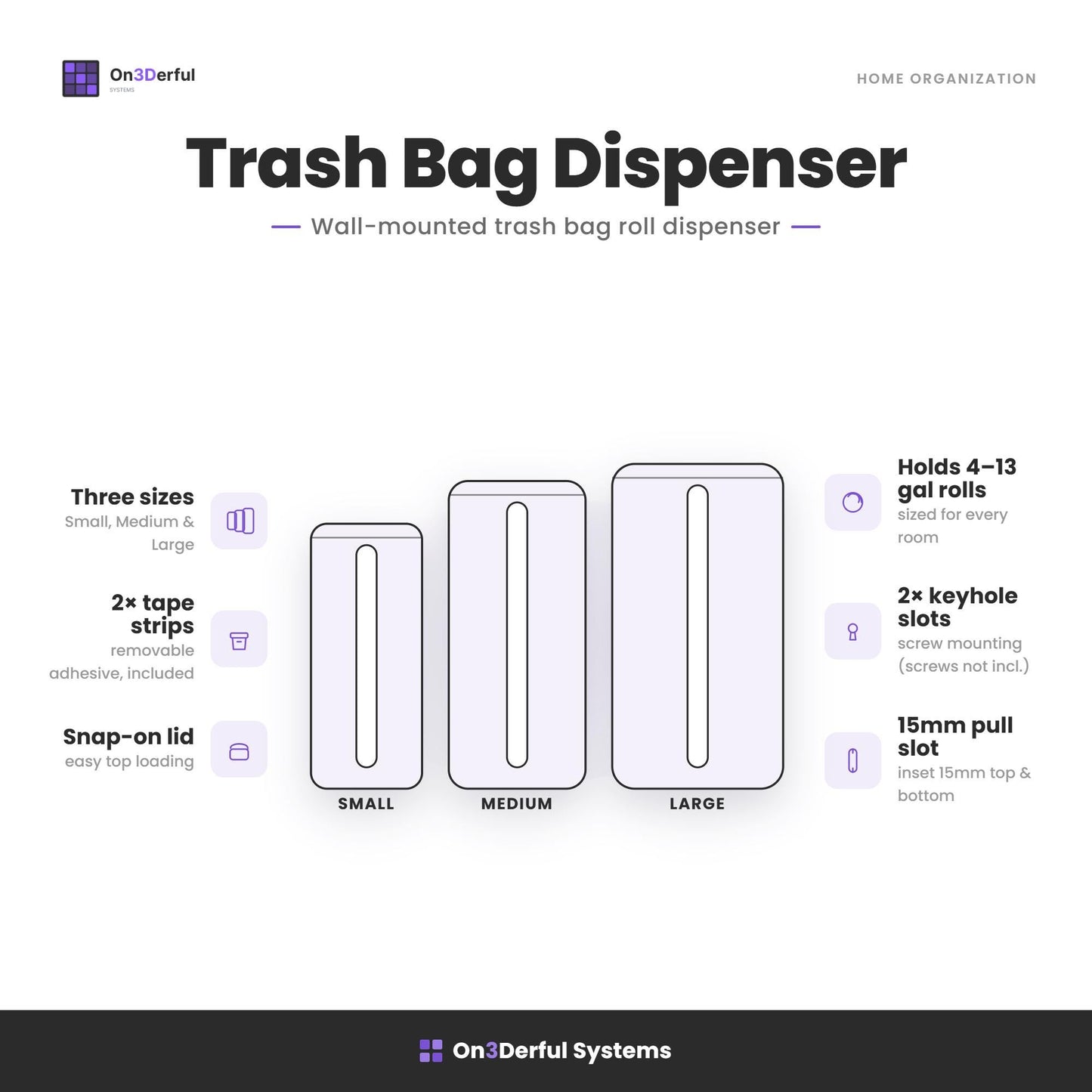 13 Gallon Kitchen Trash Bag Dispenser, Holds 50-60 Bag Rolls, Wall Mount Organizer