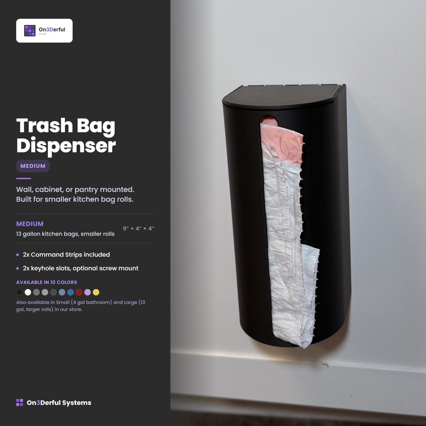 13 Gallon Kitchen Trash Bag Dispenser, Holds 20-30 Bag Rolls, Wall Mount Organizer